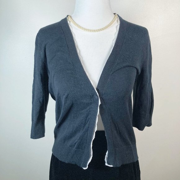 TOMMY HILFIGER Black v-neck cardigan with white lace ~ Vintage XS SMALL sweater - Picture 1 of 14